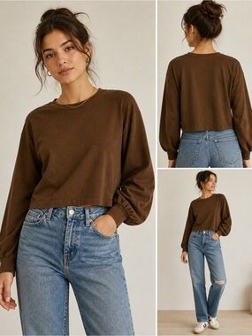 Madewell Cropped Sweatshirt Brown Balloon Sleeve Oversized Cotton Pullover M
